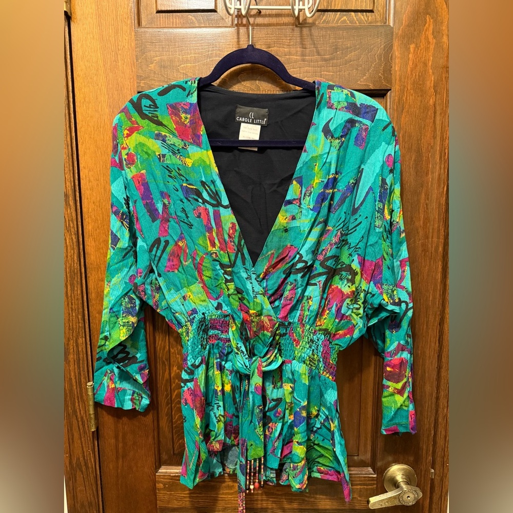 VTG 80’s 90’s Carole Little Green Patterned Rayon Top & Ruffled Skirt Sz 8